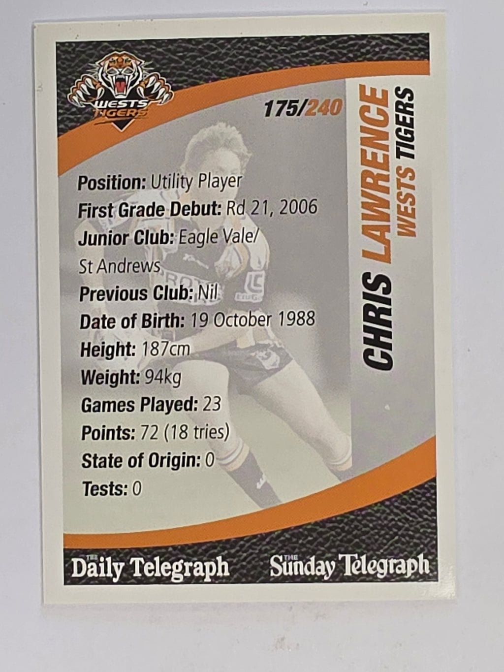 NRL 2008 Daily Telegraph | #175 | Chris Lawrence | Wests Tigers