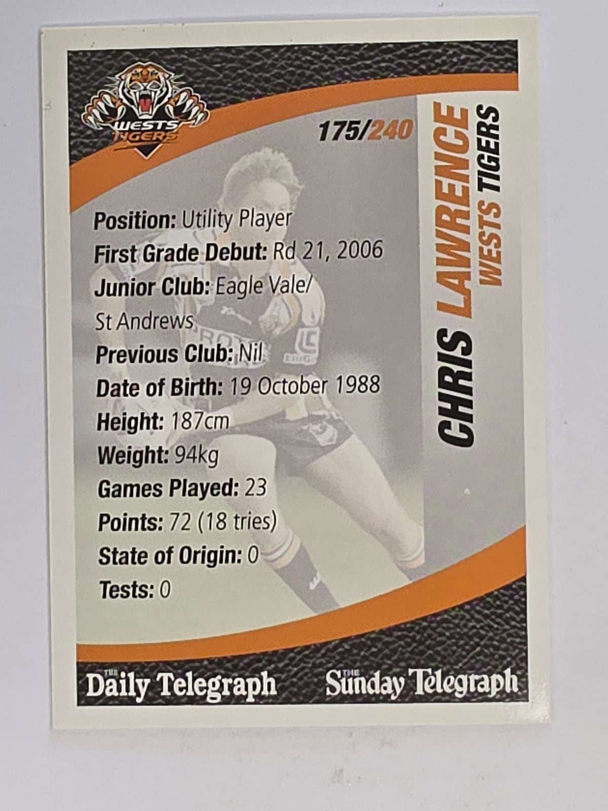 NRL 2008 Daily Telegraph | #175 | Chris Lawrence | Wests Tigers