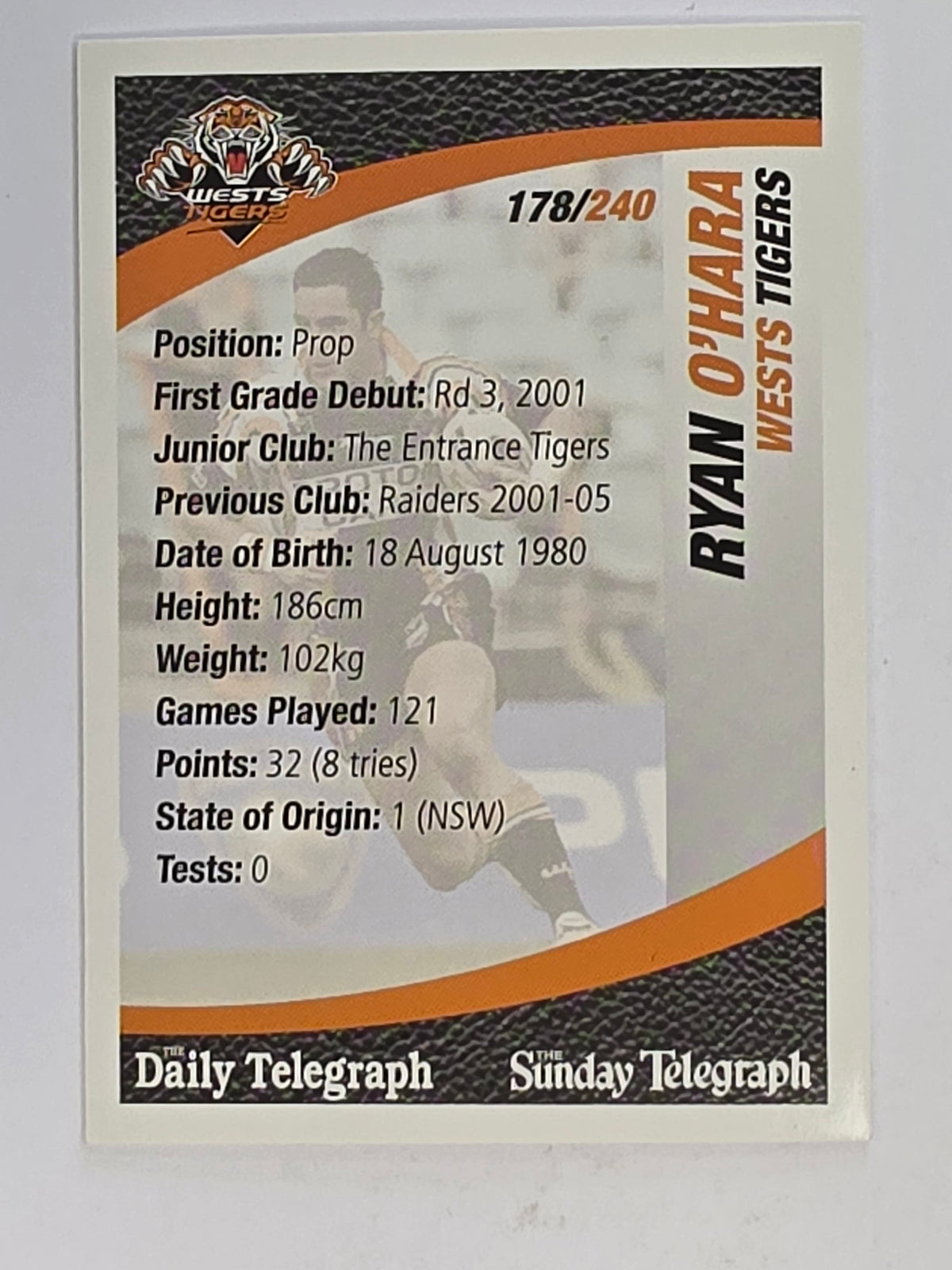NRL 2008 Daily Telegraph | #178 | Ryan O'Hara | Wests Tigers