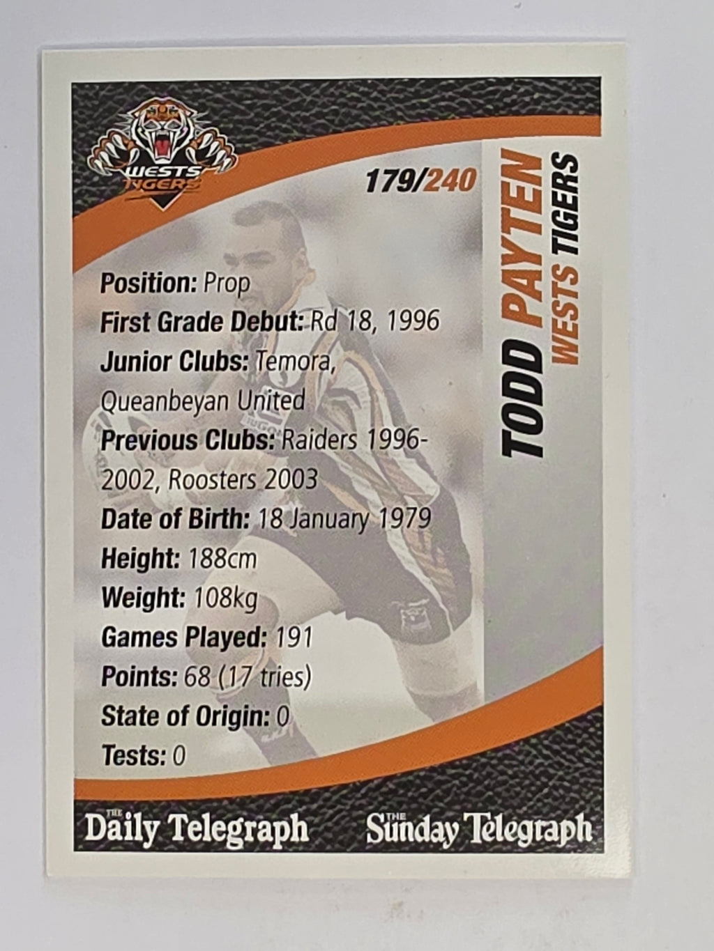 NRL 2008 Daily Telegraph | #179 | Todd Payten | Wests Tigers