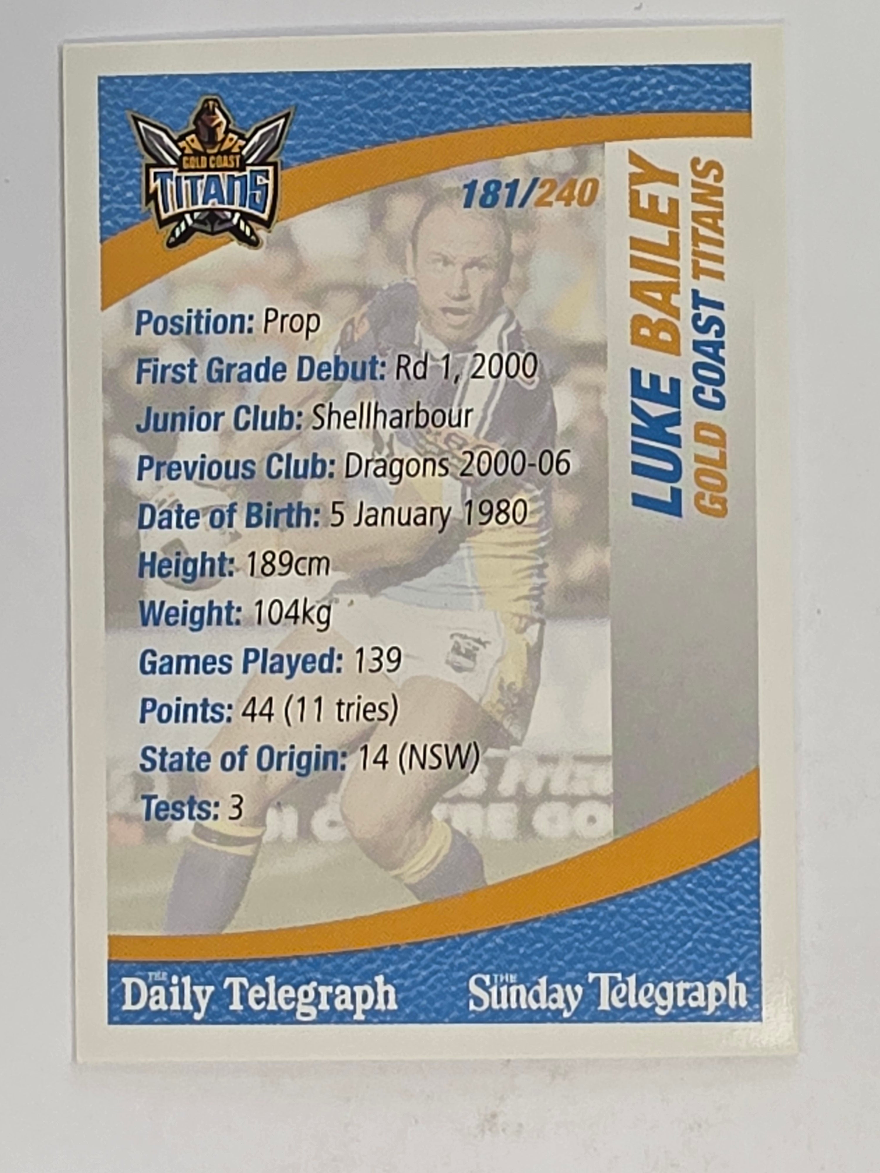 NRL 2008 Daily Telegraph | #181 | Luke Bailey | Gold Coast Titans