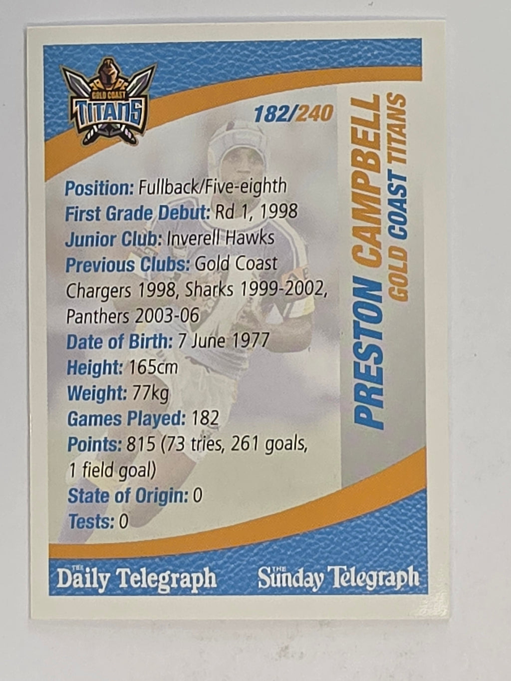 NRL 2008 Daily Telegraph | #182 | Preston Campbell | Gold Coast Titans