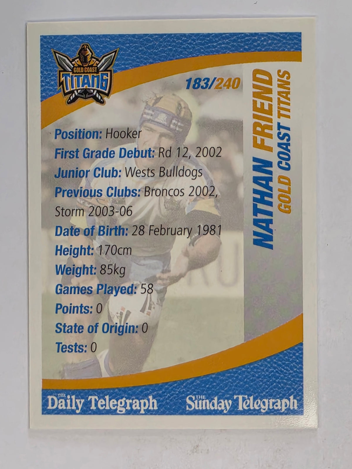 NRL 2008 Daily Telegraph | #183 | Nathan Friend | Gold Coast Titans
