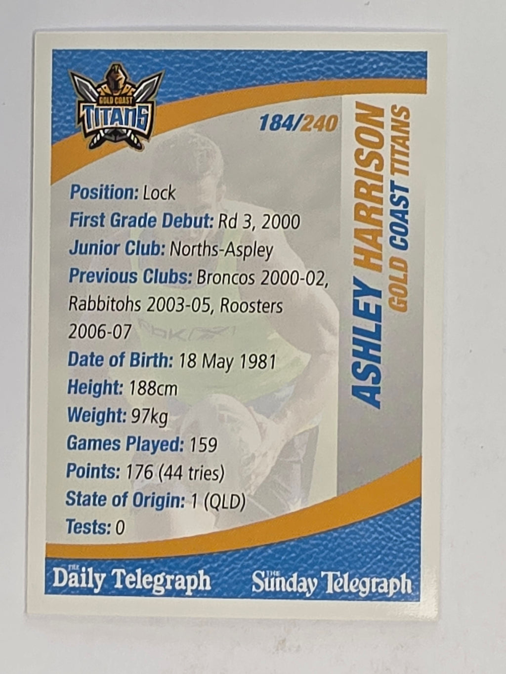 NRL 2008 Daily Telegraph | #184 | Ashley Harrison | Gold Coast Titans