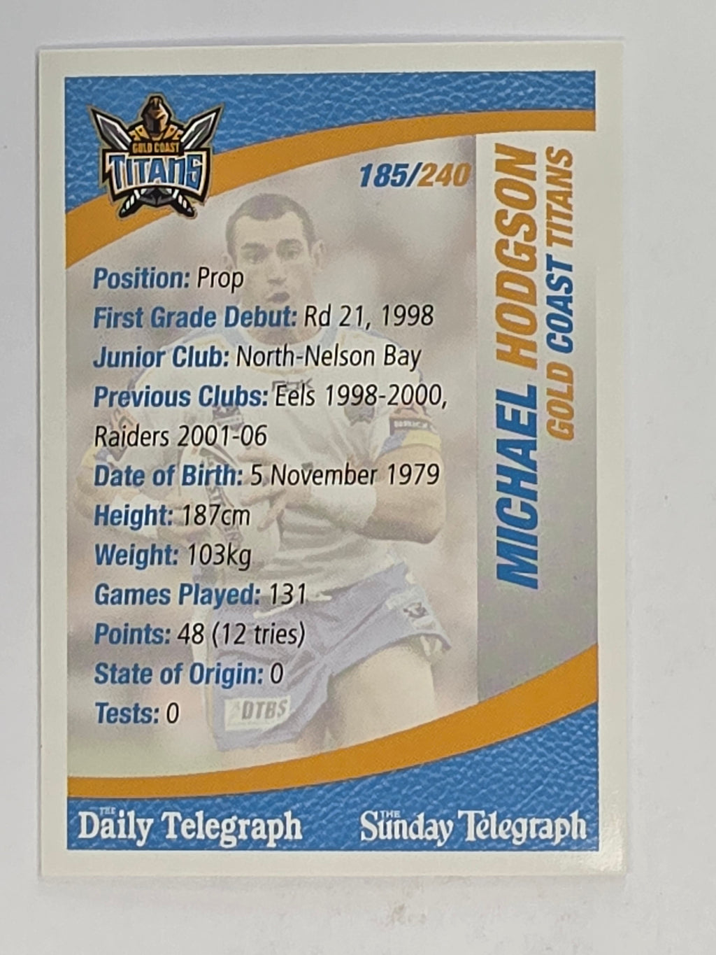 NRL 2008 Daily Telegraph | #185 | Michael Hodgson | Gold Coast Titans