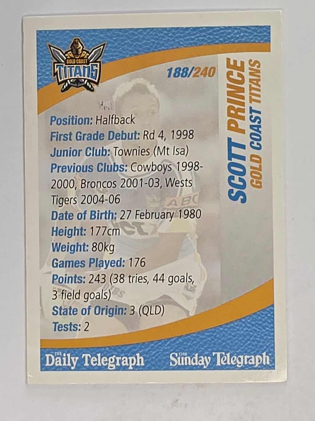 NRL 2008 Daily Telegraph | #188 | Scott Prince | Gold Coast Titans
