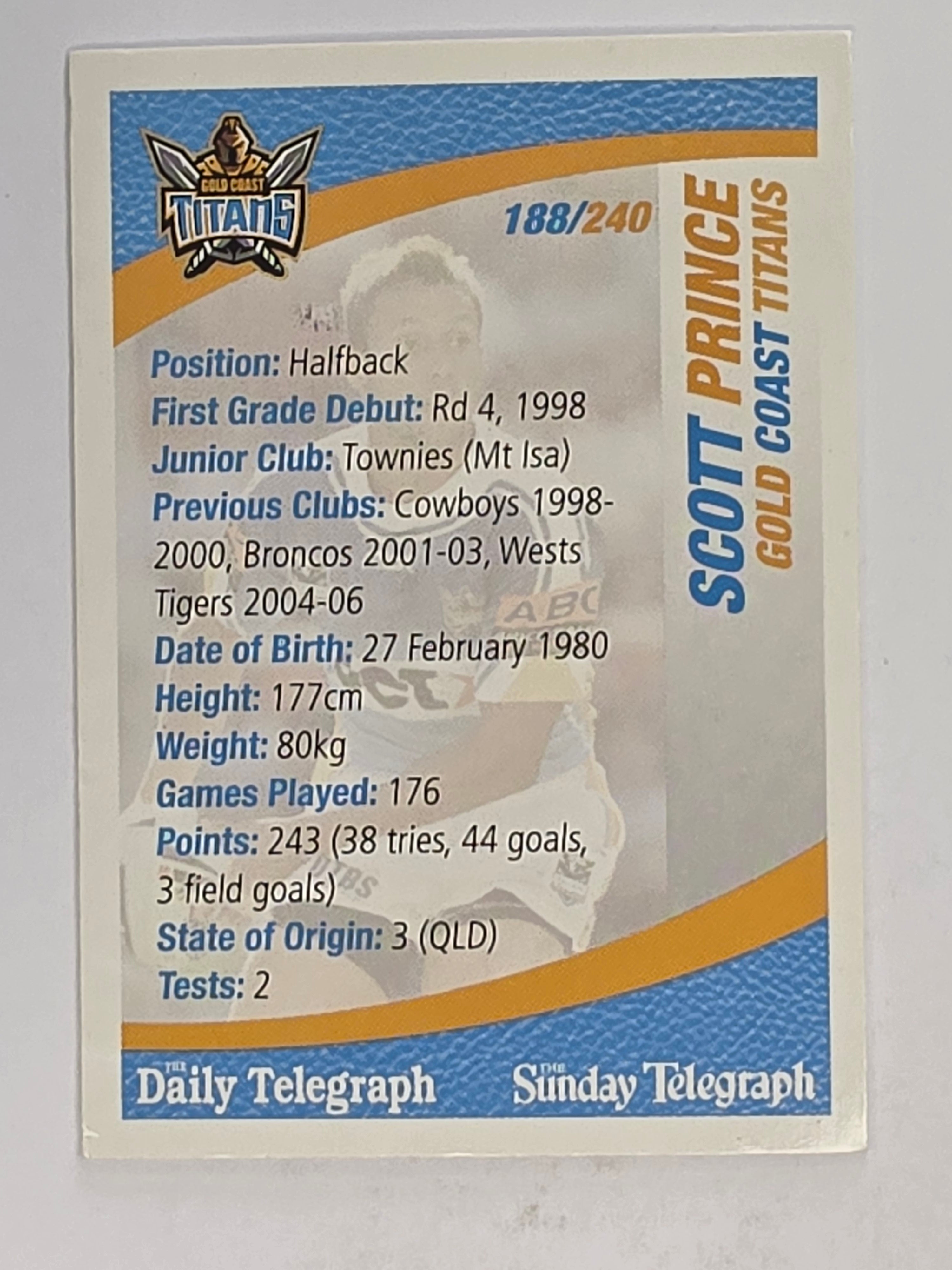 NRL 2008 Daily Telegraph | #188 | Scott Prince | Gold Coast Titans