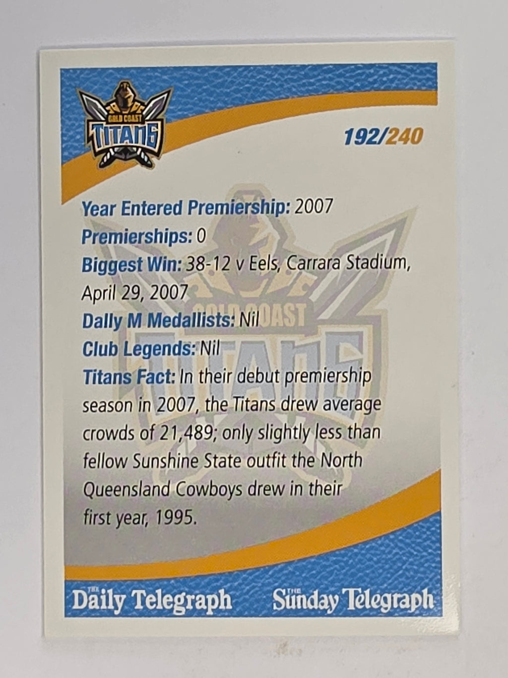 NRL 2008 Daily Telegraph | #192 | Gold Coast Titans Logo | Gold Coast Titans