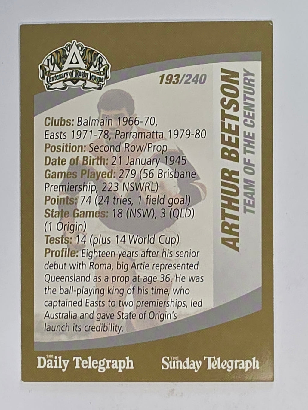 NRL 2008 Daily Telegraph | #193 | Arthur Beetson Team of the Century