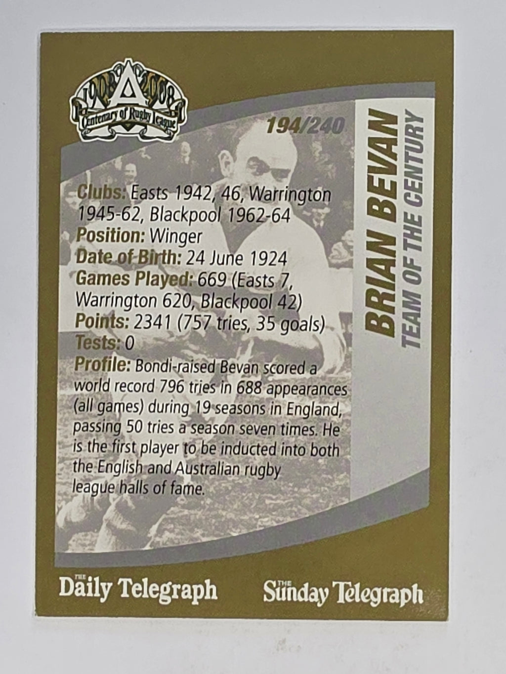 NRL 2008 Daily Telegraph | #194 | Brian Bevan Team of the Century