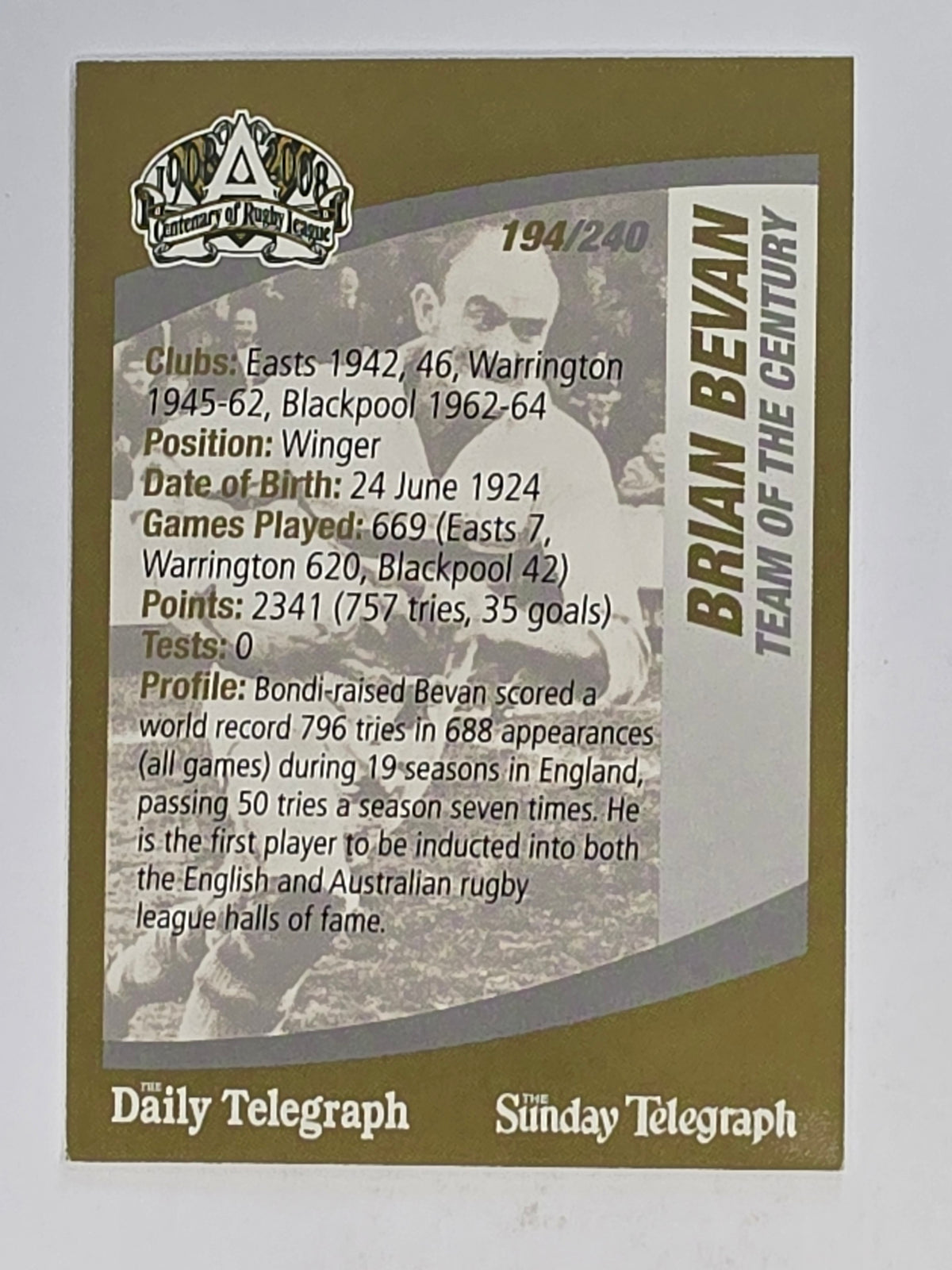 NRL 2008 Daily Telegraph | #194 | Brian Bevan Team of the Century