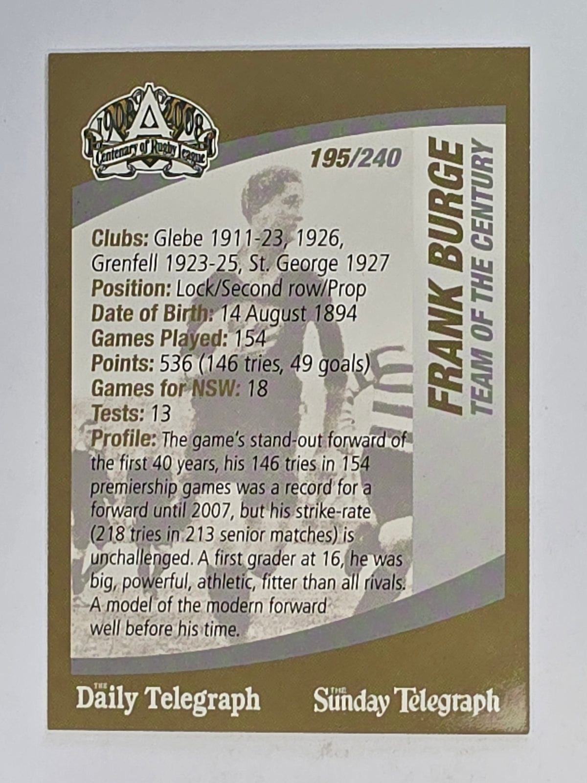 NRL 2008 Daily Telegraph | #195 | Frank Burge Team of the Century