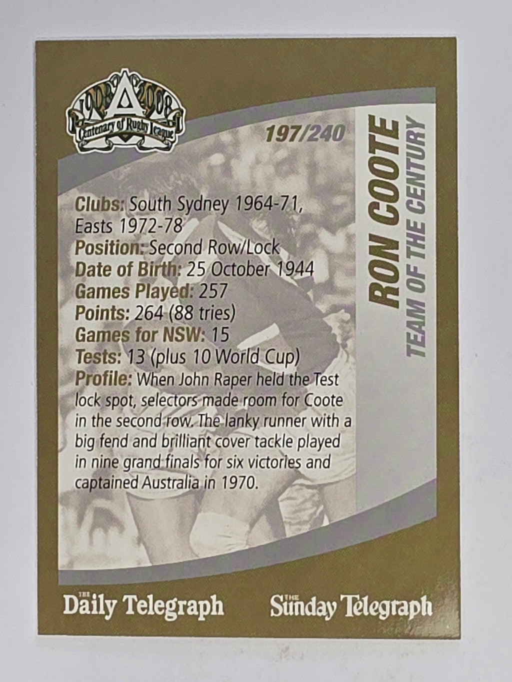 NRL 2008 Daily Telegraph | #197 | Ron Coote Team of the Century