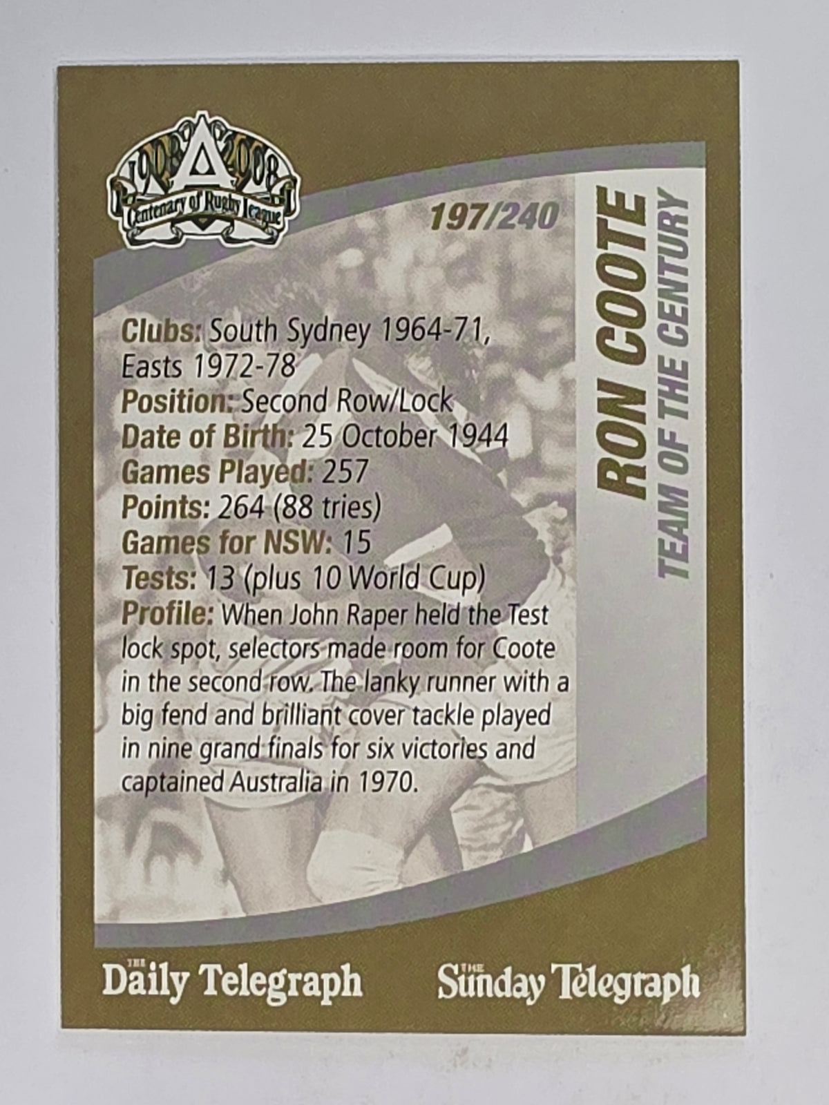 NRL 2008 Daily Telegraph | #197 | Ron Coote Team of the Century