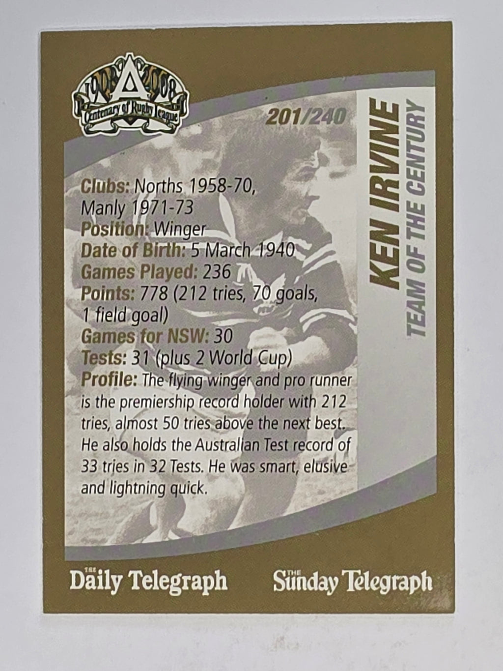 NRL 2008 Daily Telegraph | #201 | Ken Irvine Team of the Century