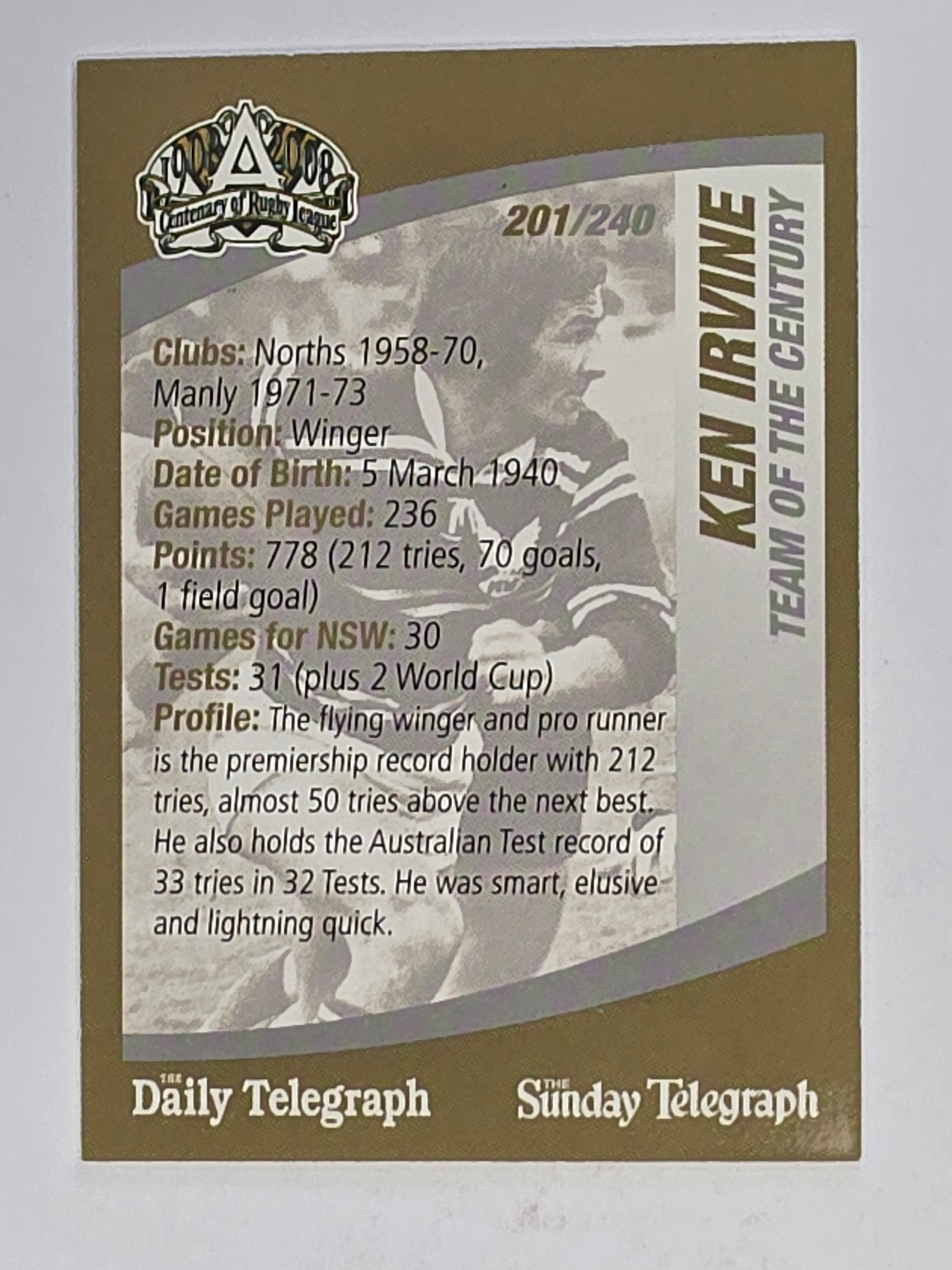 NRL 2008 Daily Telegraph | #201 | Ken Irvine Team of the Century