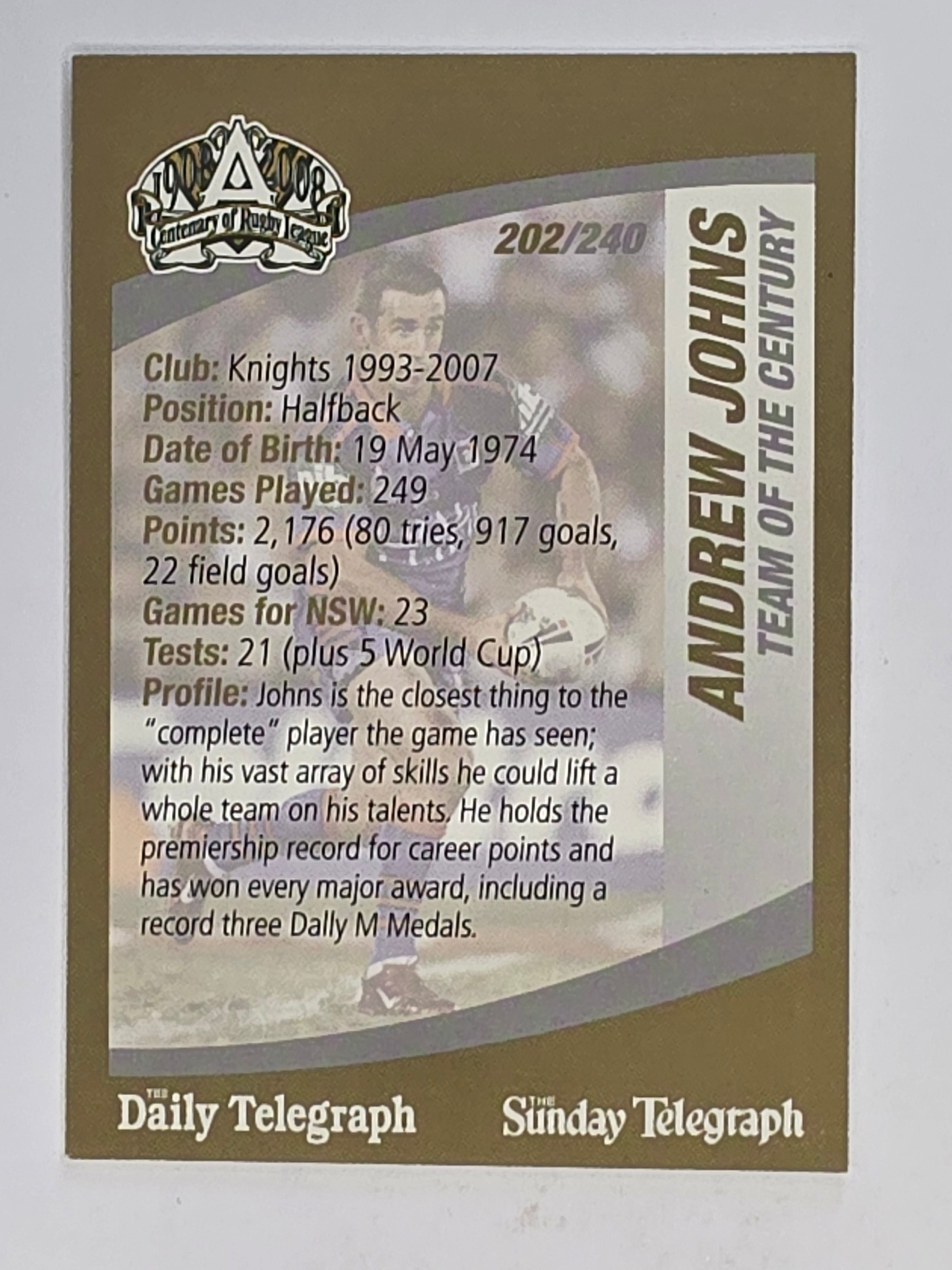 NRL 2008 Daily Telegraph | #202 | Andrew Johns Team of the Century