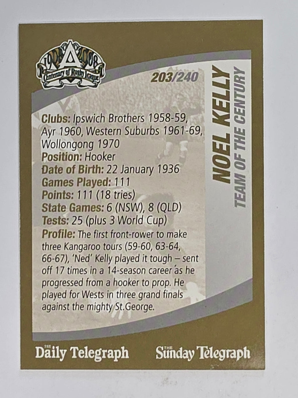 NRL 2008 Daily Telegraph | #203 | Noel Kelly Team of the Century
