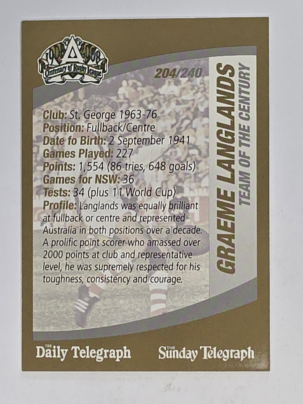 NRL 2008 Daily Telegraph | #204 | Graeme Langlands Team of the Century