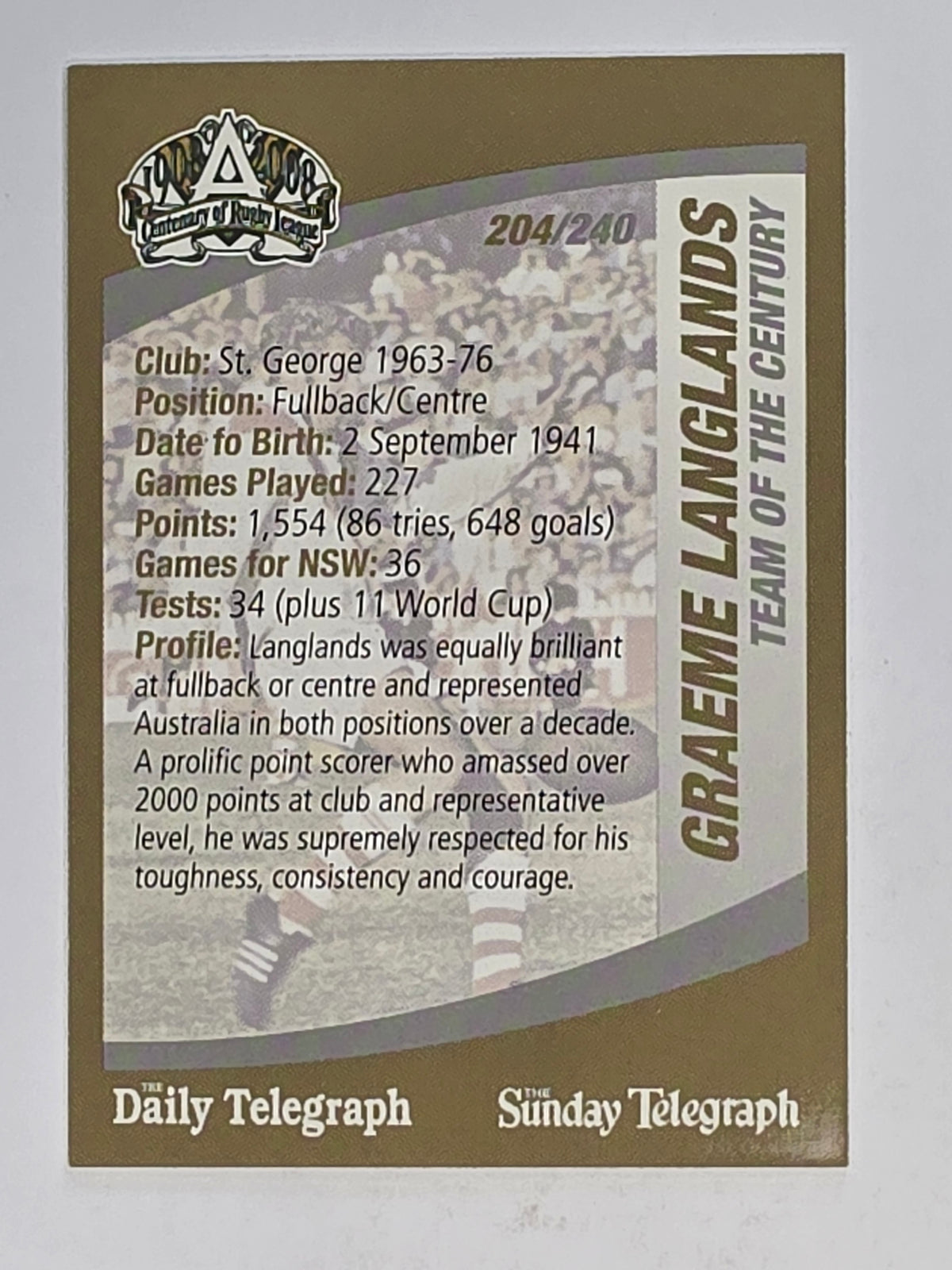 NRL 2008 Daily Telegraph | #204 | Graeme Langlands Team of the Century
