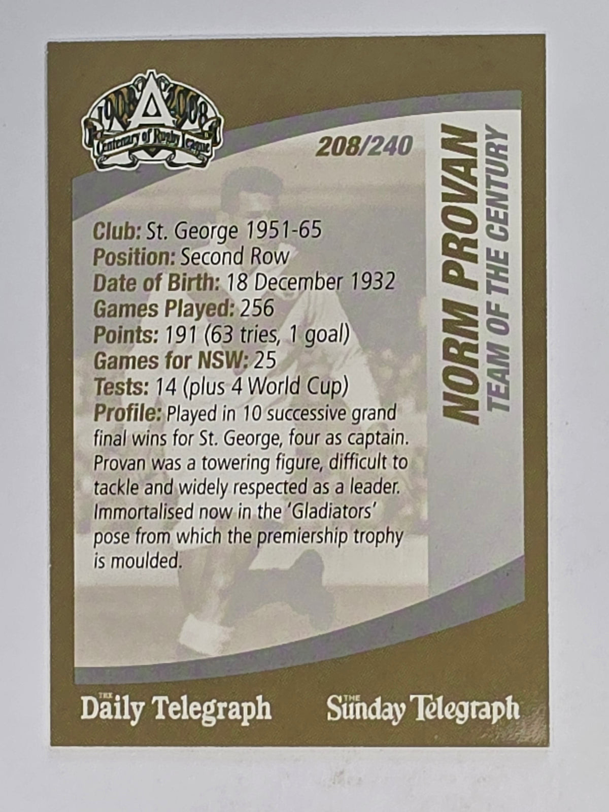 NRL 2008 Daily Telegraph | #208 | Norm Provan Team of the Century