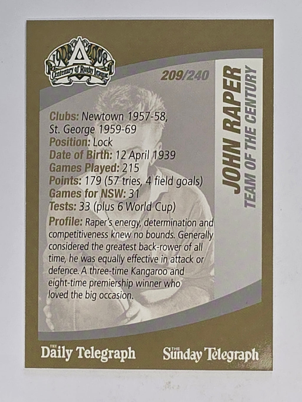 NRL 2008 Daily Telegraph | #209 | John Raper Team of the Century