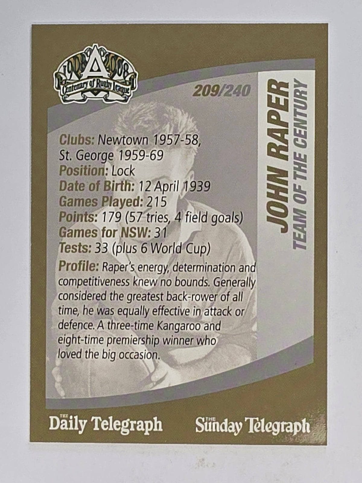 NRL 2008 Daily Telegraph | #209 | John Raper Team of the Century