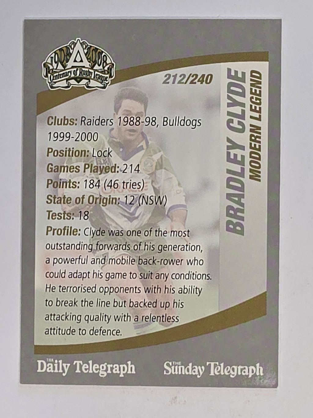 NRL 2008 Daily Telegraph | #212 | Bradley Clyde Modern Legend