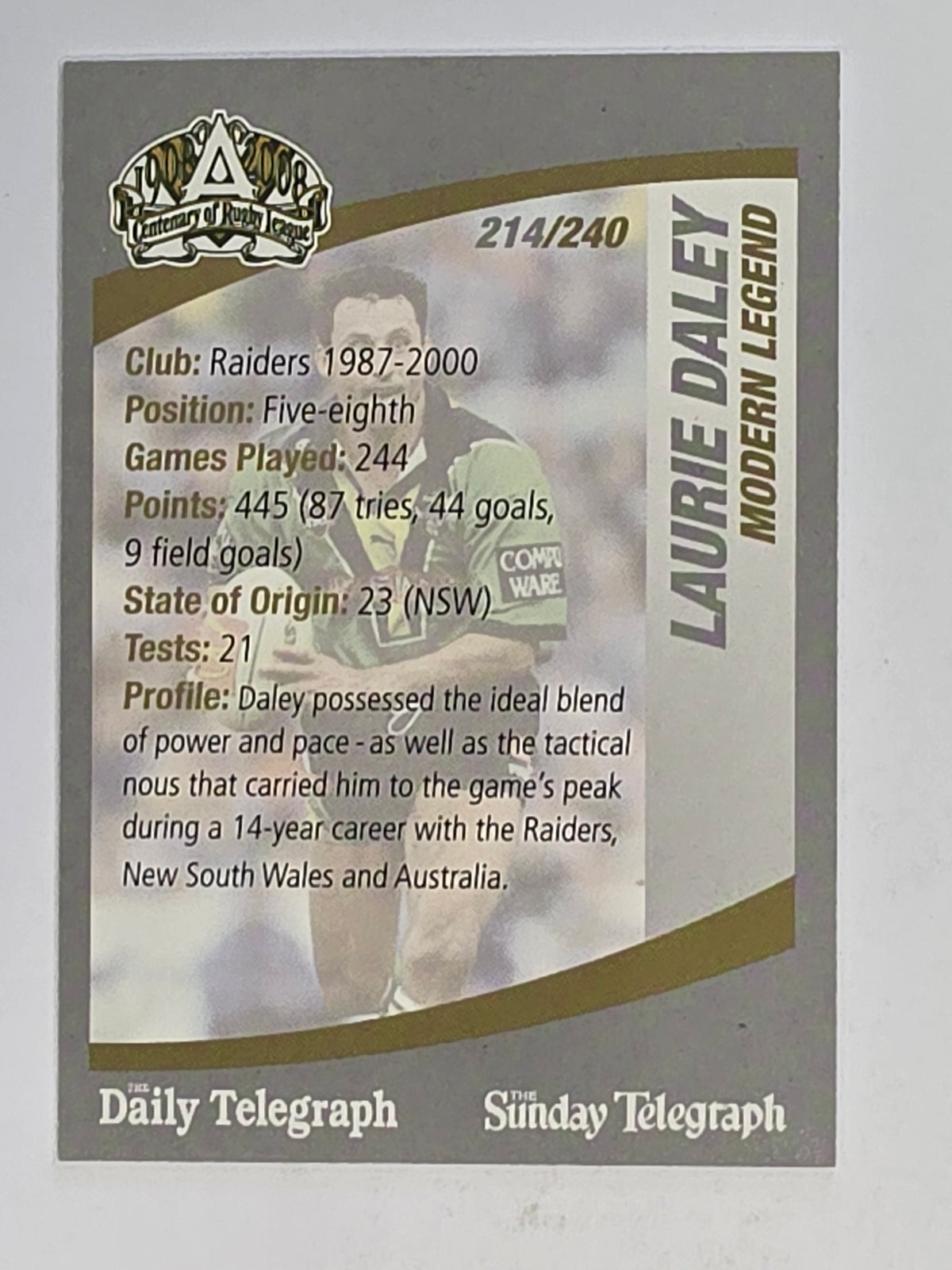 NRL 2008 Daily Telegraph | #214 | Laurie Daley Modern Legend