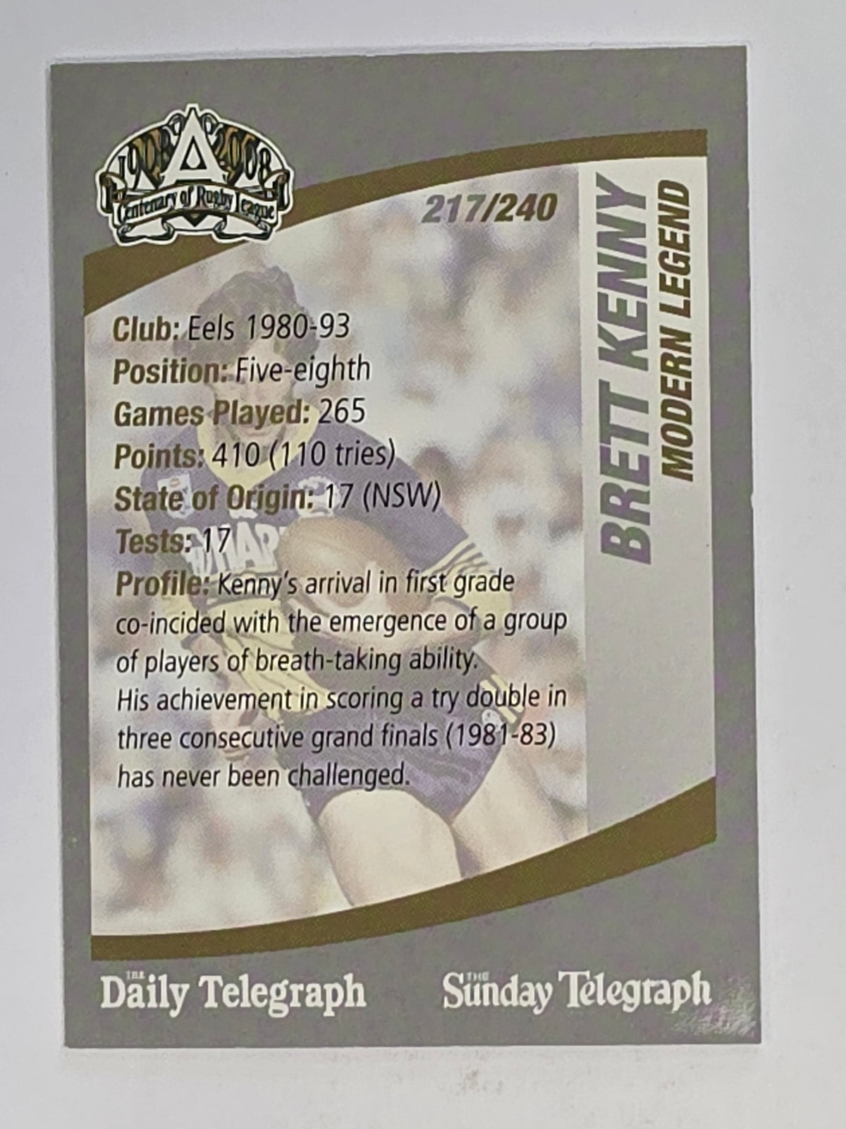 NRL 2008 Daily Telegraph | #217 | Brett Kenny Modern Legend
