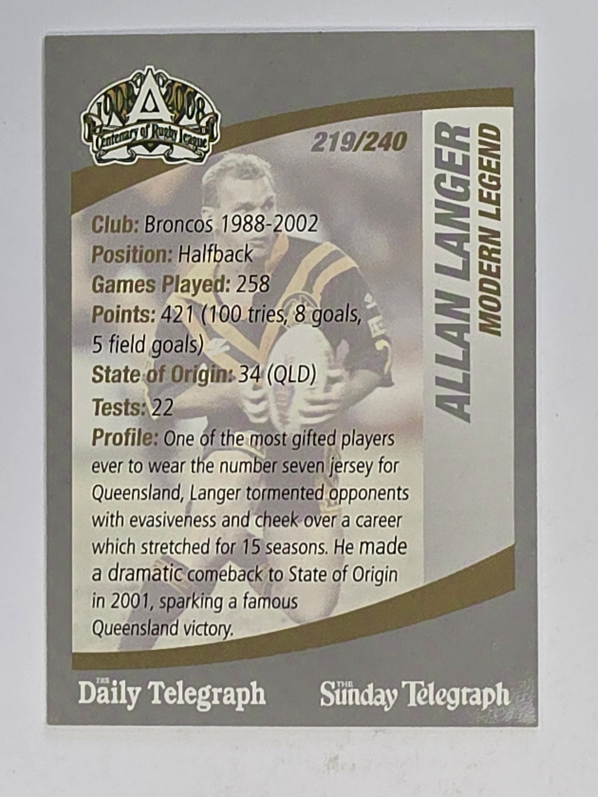 NRL 2008 Daily Telegraph | #219 | Allan Langer Modern Legend