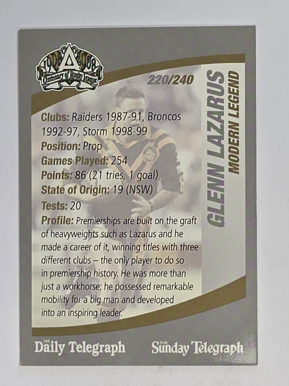NRL 2008 Daily Telegraph | #220 | Glenn Lazarus Modern Legend