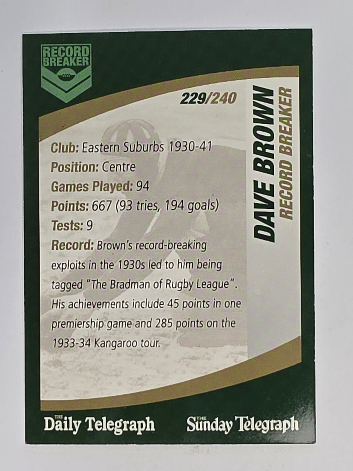 NRL 2008 Daily Telegraph | #229 | Dave Brown Record Breaker