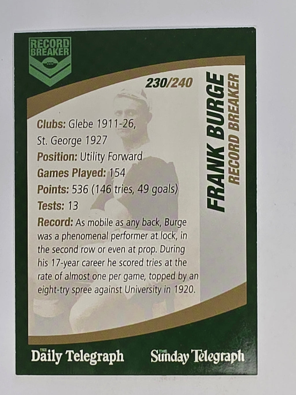 NRL 2008 Daily Telegraph | #230 | Frank Burge Record Breaker