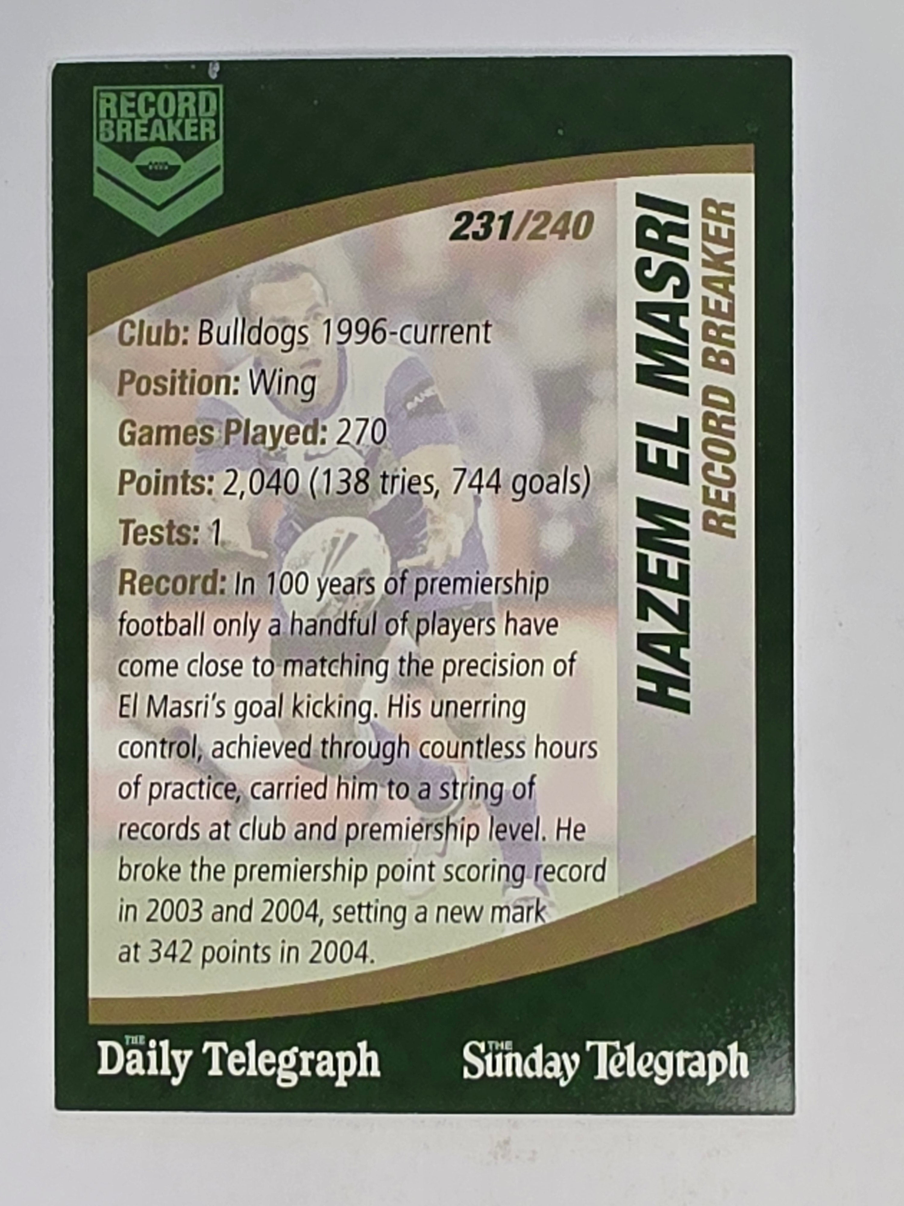 NRL 2008 Daily Telegraph | #231 | Hazem El Masri Record Breaker