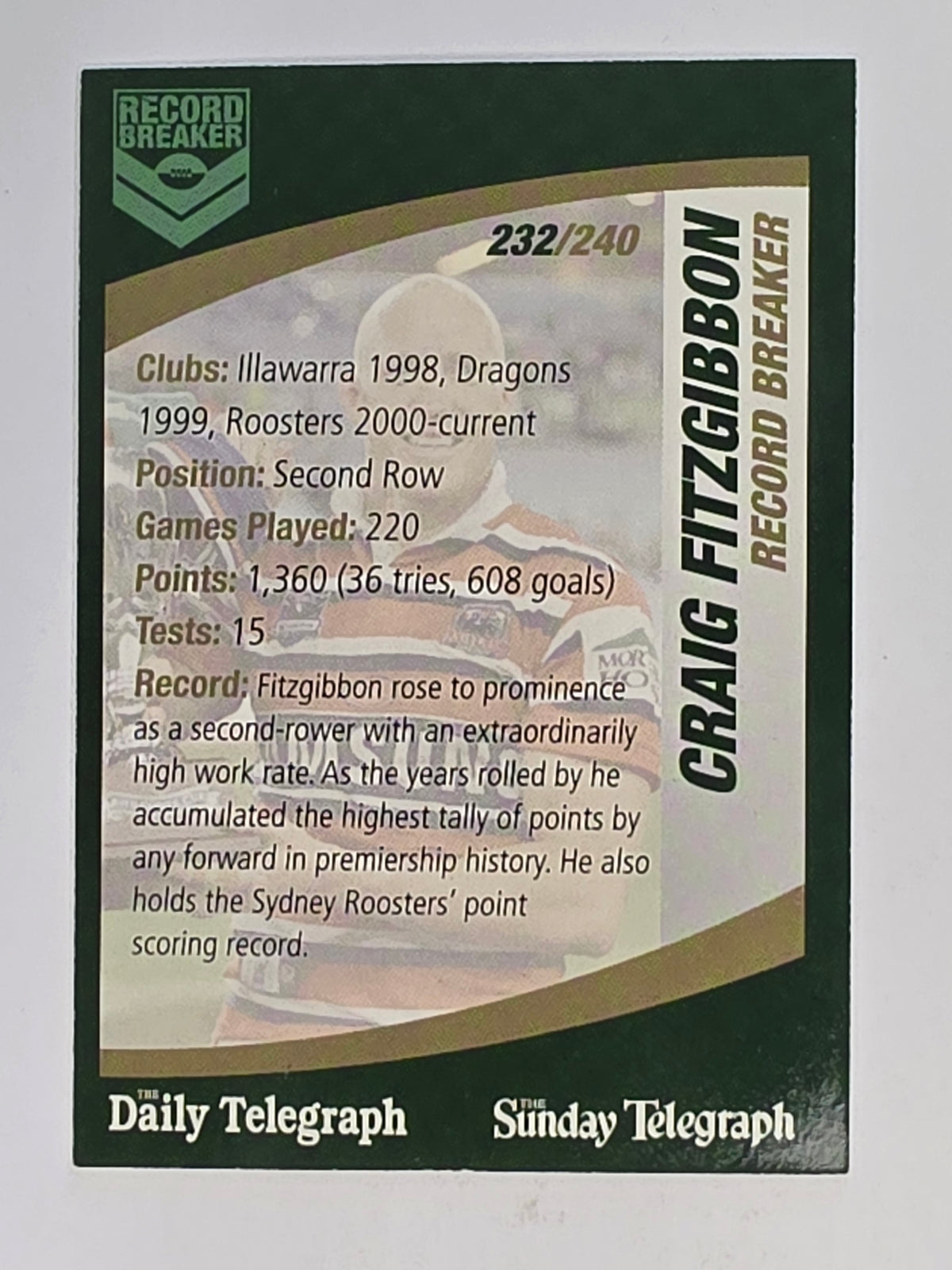 NRL 2008 Daily Telegraph | #232 | Craig Fitzgibbon Record Breaker