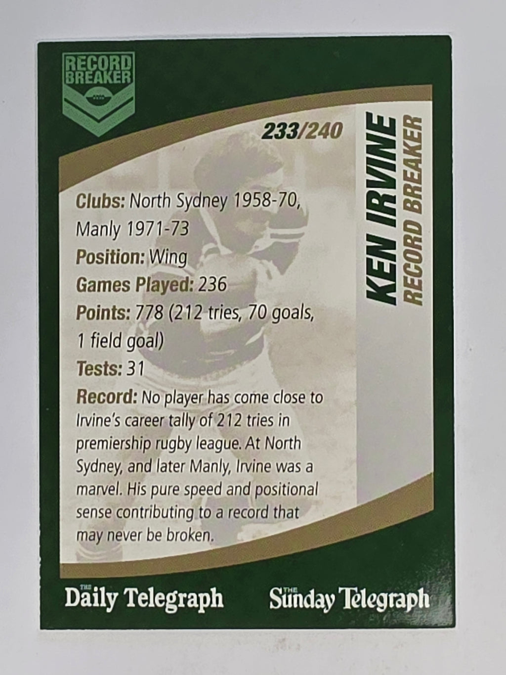 NRL 2008 Daily Telegraph | #233 | Ken Irvine Record Breaker