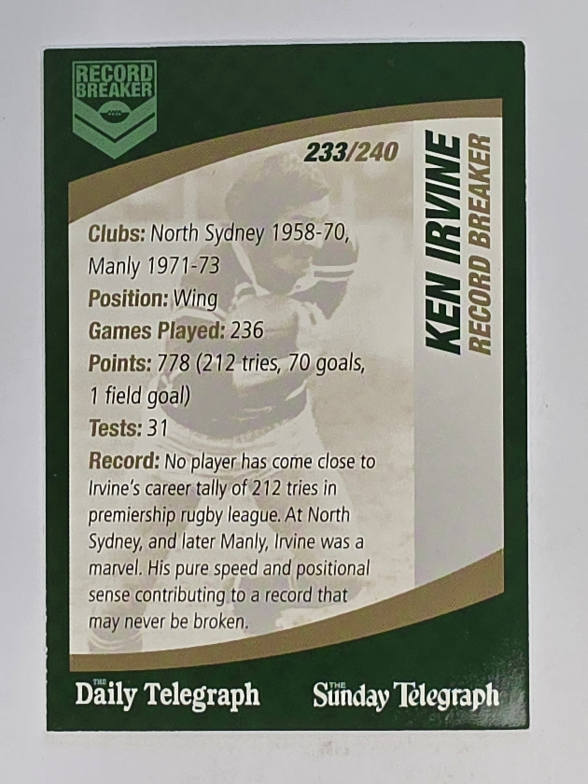 NRL 2008 Daily Telegraph | #233 | Ken Irvine Record Breaker