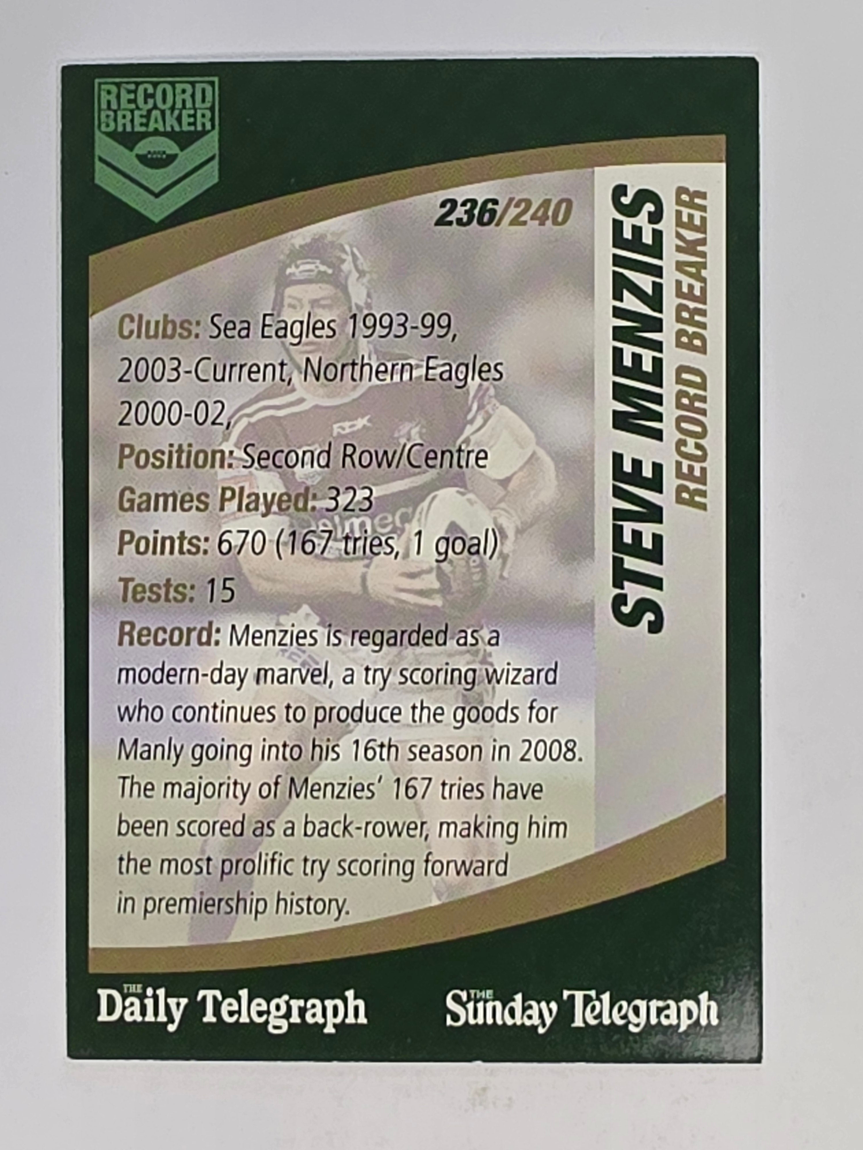 NRL 2008 Daily Telegraph | #236 | Steve Menzies Record Breaker