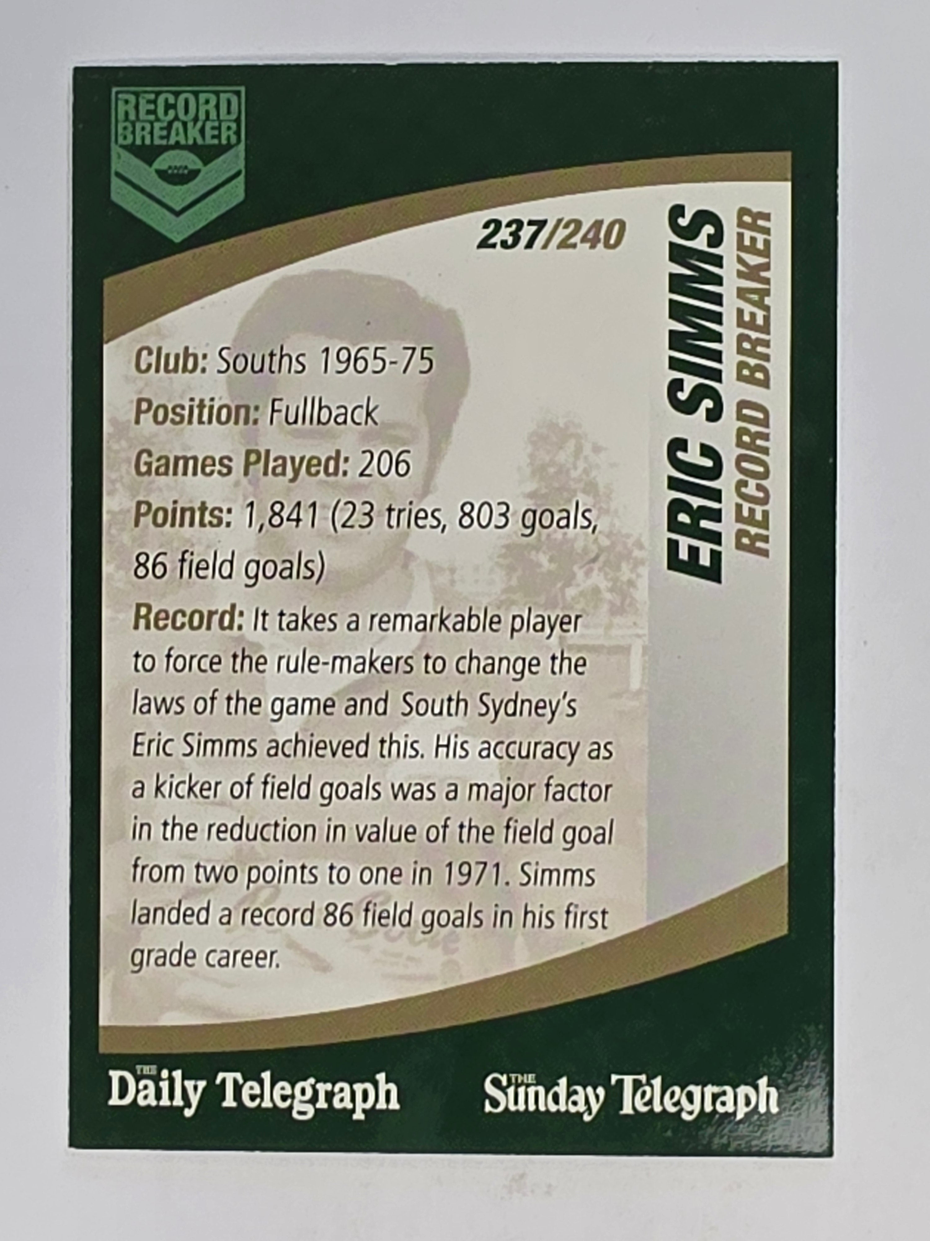 NRL 2008 Daily Telegraph | #237 | Eric Simms Record Breaker
