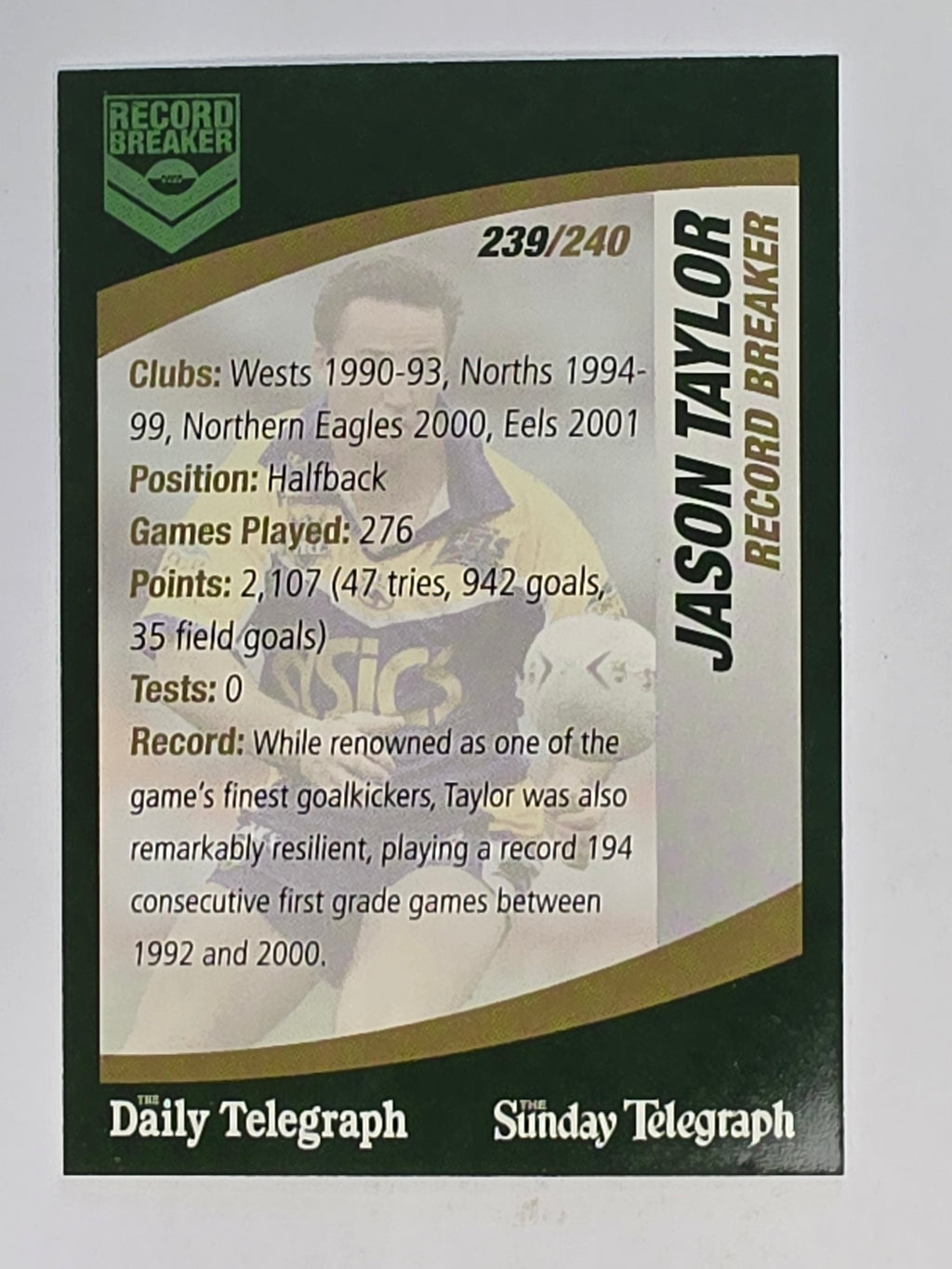 NRL 2008 Daily Telegraph | #239 | Jason Taylor Record Breaker