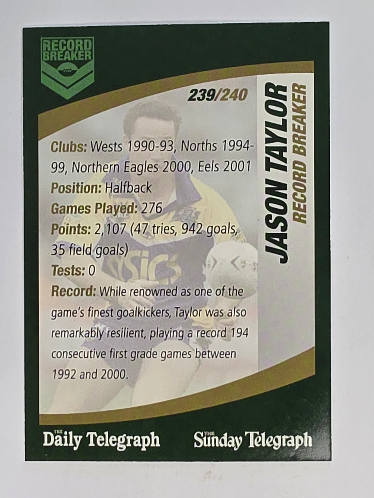 NRL 2008 Daily Telegraph | #239 | Jason Taylor Record Breaker