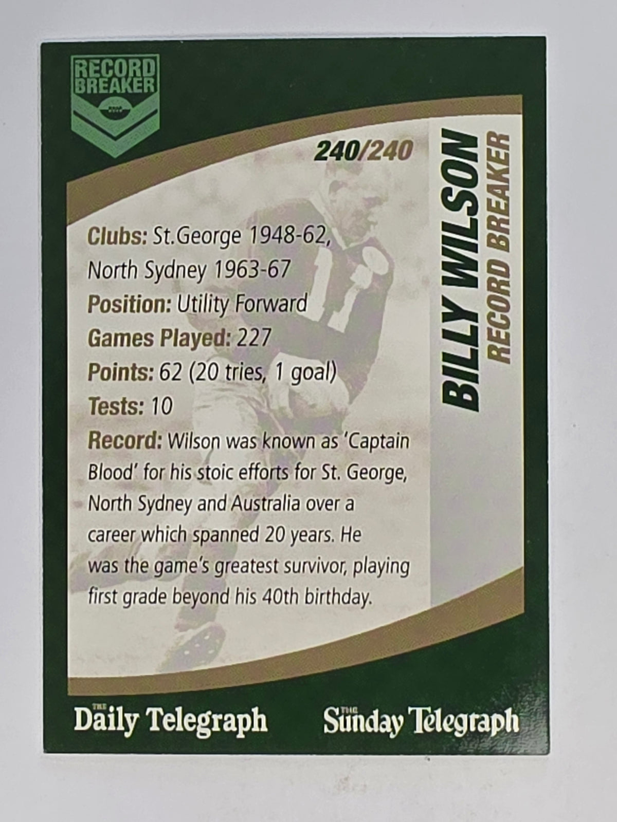 NRL 2008 Daily Telegraph | #240 | Billy Wilson Record Breaker