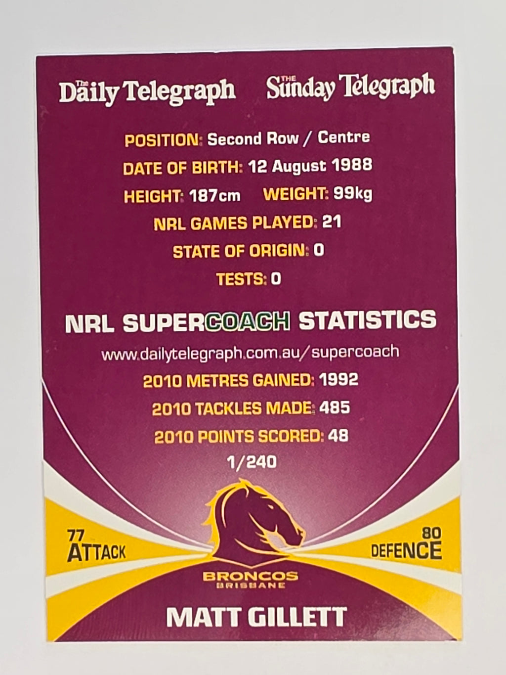 NRL 2011 Daily Telegraph | #001 Matt Gillett | Brisbane Broncos