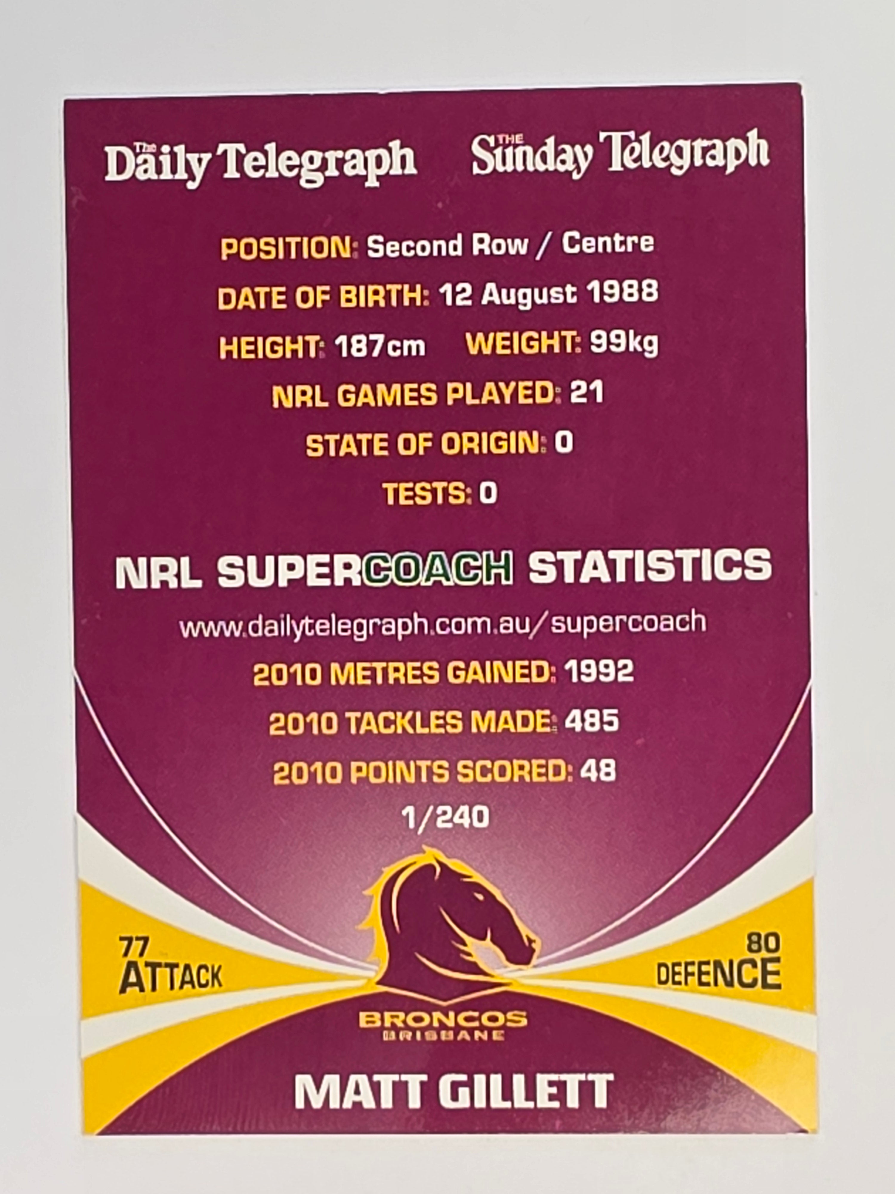 NRL 2011 Daily Telegraph | #001 Matt Gillett | Brisbane Broncos