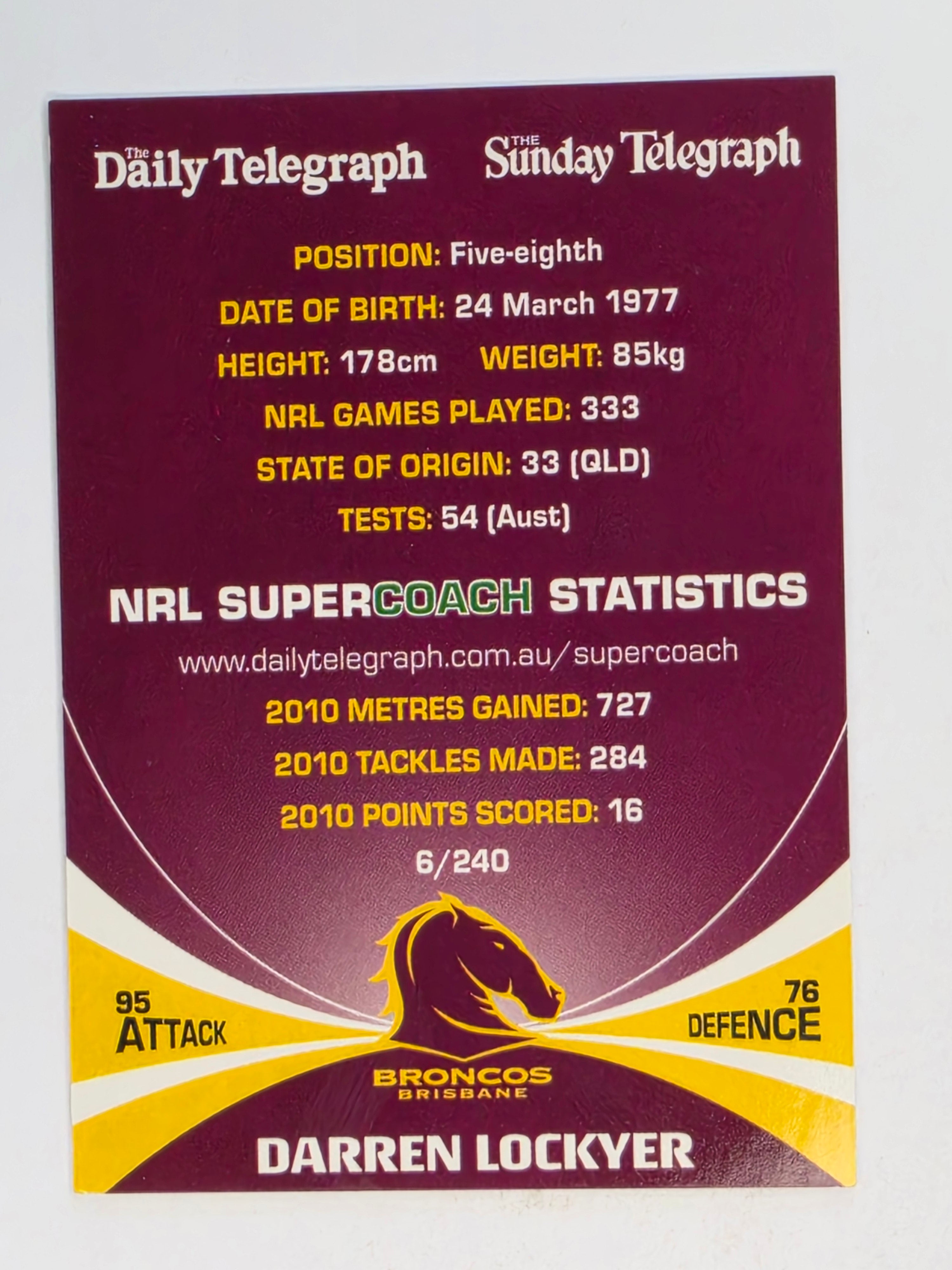 NRL 2011 Daily Telegraph | #006 Darren Lockyer | Brisbane Broncos