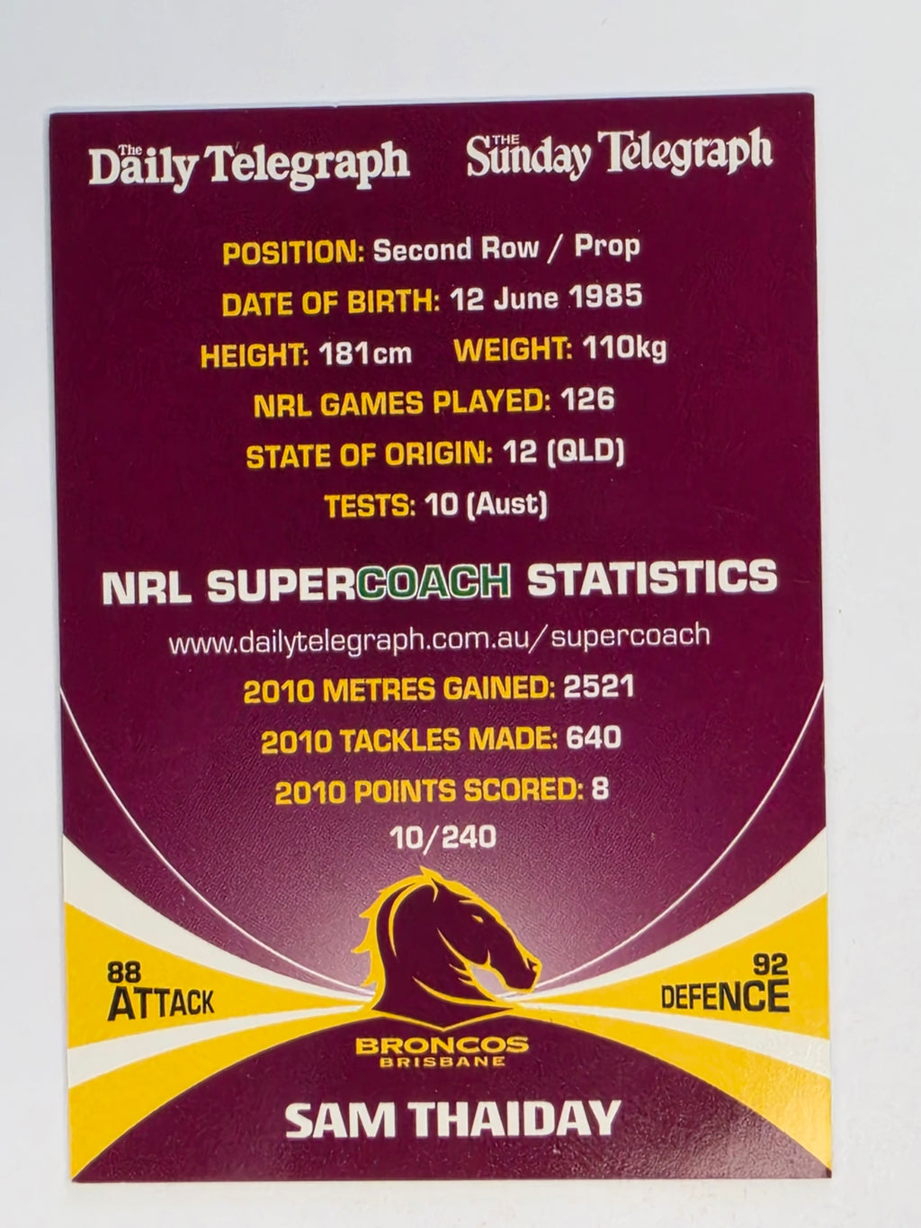 NRL 2011 Daily Telegraph | #010 Sam Thaiday | Brisbane Broncos