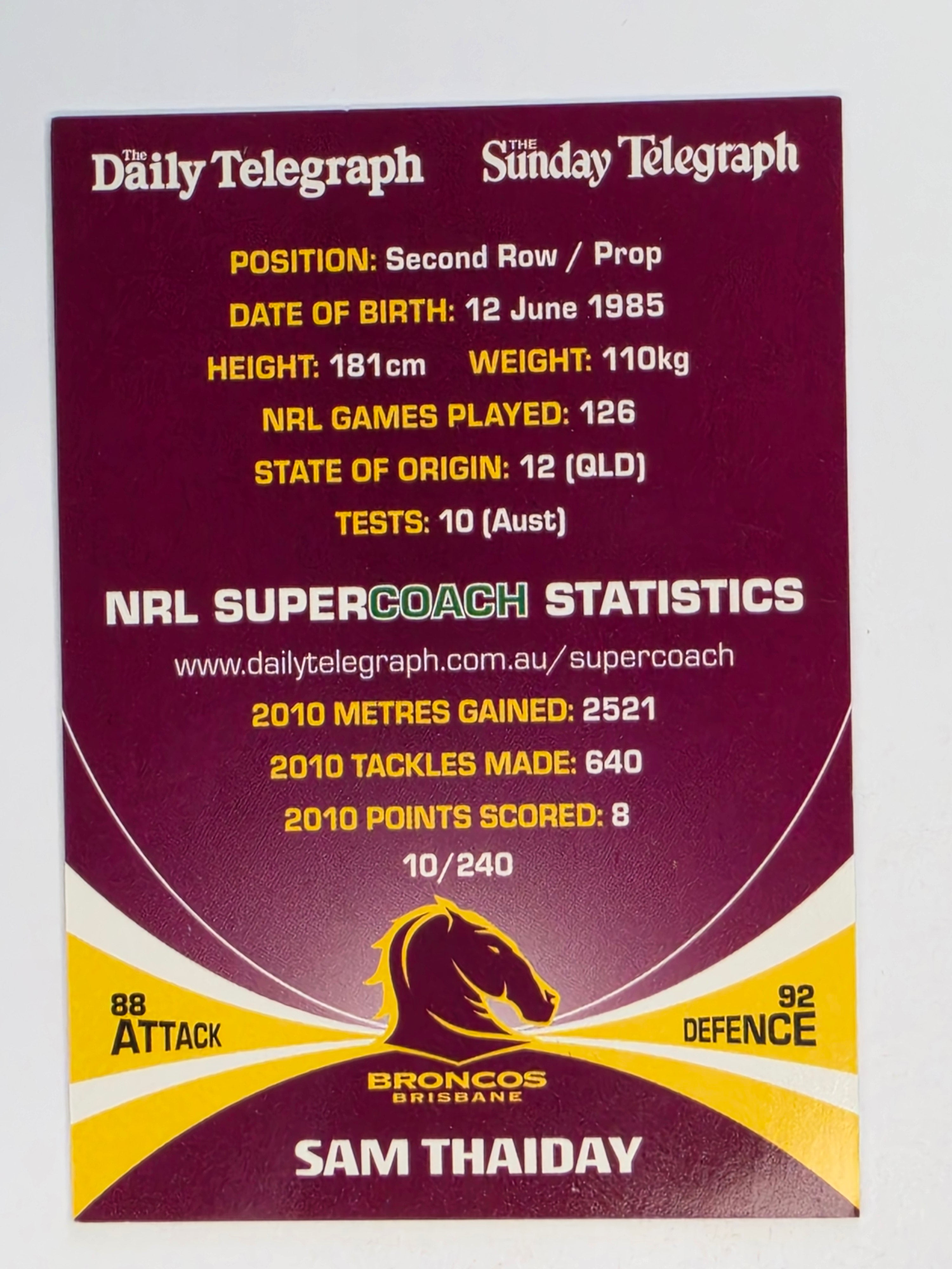 NRL 2011 Daily Telegraph | #010 Sam Thaiday | Brisbane Broncos