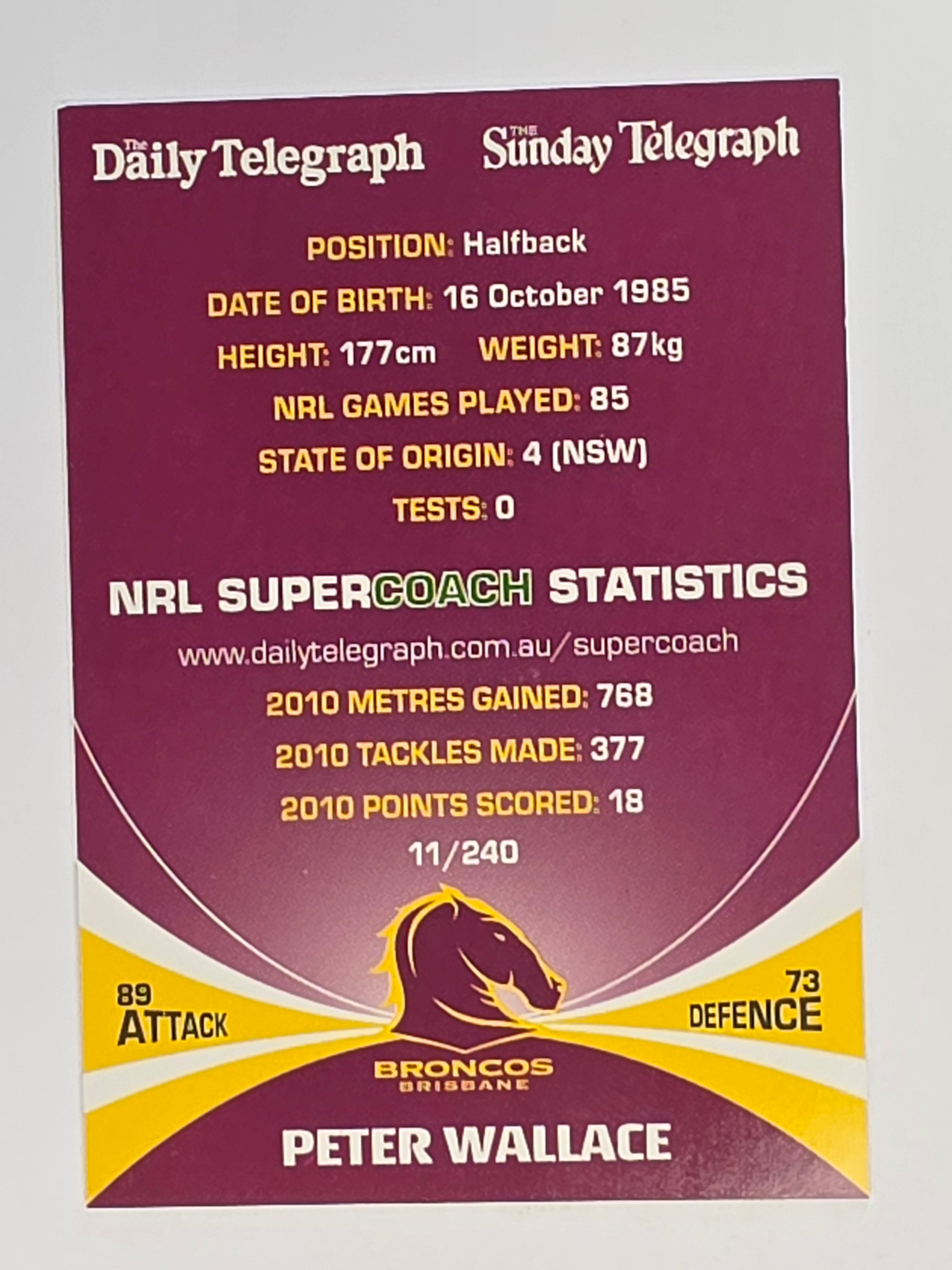 NRL 2011 Daily Telegraph | #011 Peter Wallace | Brisbane Broncos