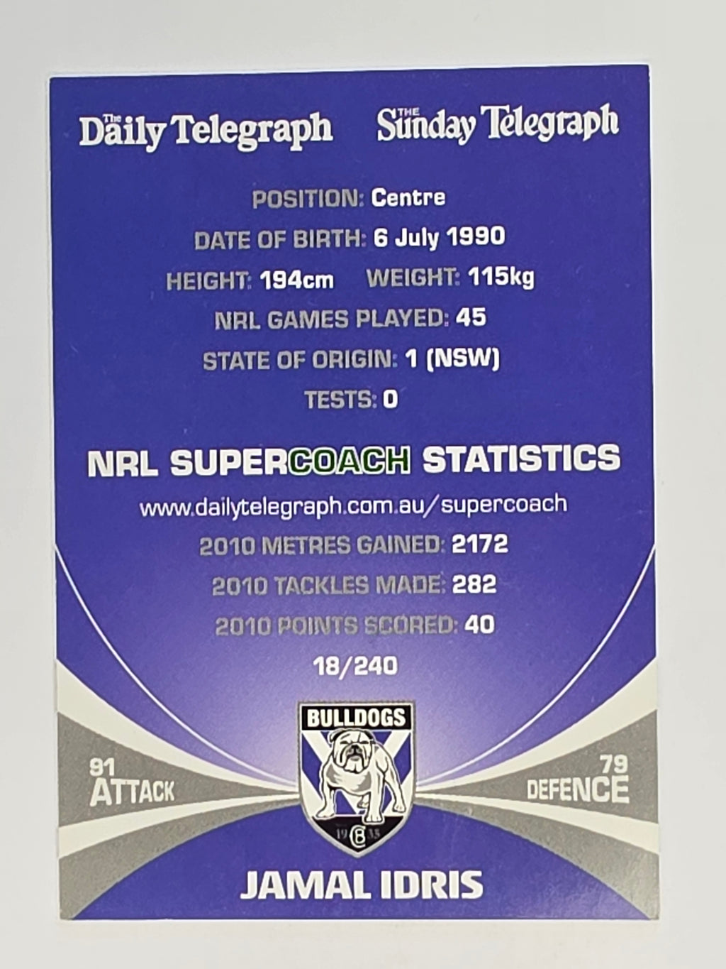 NRL 2011 Daily Telegraph | #018 Jamal Idris | Canterbury Bankstown Bulldogs